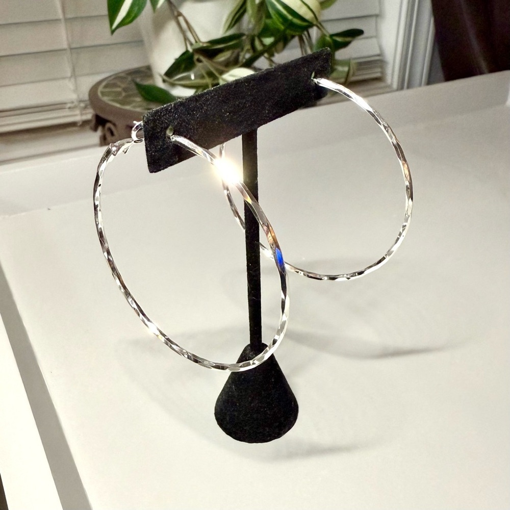 True To Form 25 Faceted Silver Hoop Earrings Hingeback Closure Nwt In Box 18$